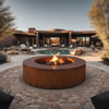 Corten steel fire pit bowl in modern outdoor setting