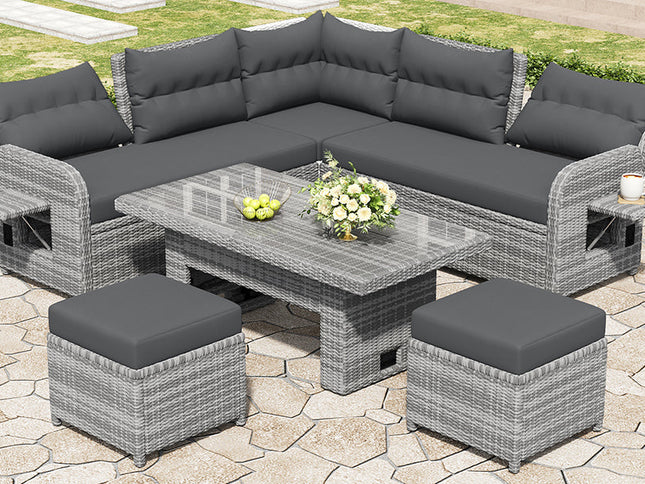Outdoor Rattan Patio Furniture Set with Adjustable Recliners, Ottomans & Tables