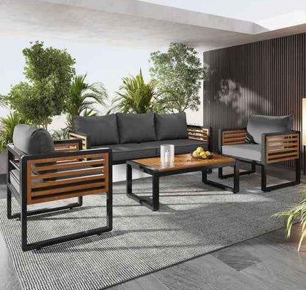 4-Piece Outdoor Conversation Set, Metal Frame & Acacia Wood Table, Seats 5