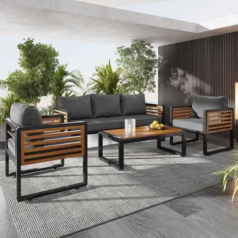 4-Piece Outdoor Conversation Set, Metal Frame & Acacia Wood Table, Seats 5