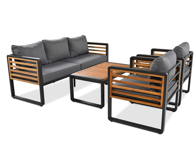 4-Piece Outdoor Conversation Set, Metal Frame & Acacia Wood Table, Seats 5