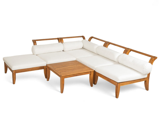 6-Piece Acacia Wood Outdoor Modular Sectional with Daybed Configuration & Tea Table