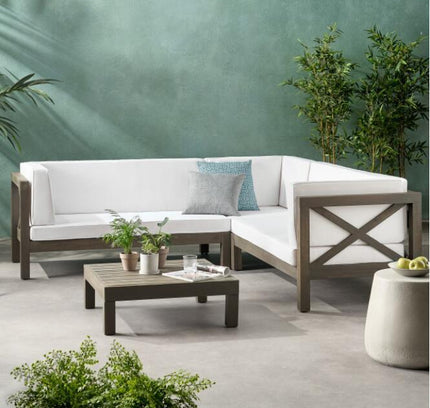 Brava X-Back 4-Piece Acacia Wood Outdoor Sofa Set — White, Mid-Century Modern