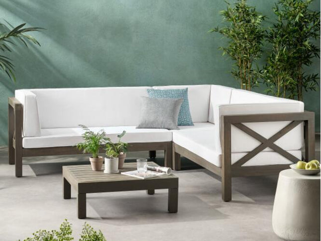 Brava X-Back 4-Piece Acacia Wood Outdoor Sofa Set — White, Mid-Century Modern