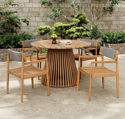 5-Piece Acacia Wood Outdoor Dining Set with Braided Chairs & Round Table — Grey