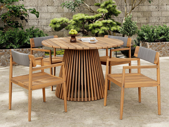 5-Piece Acacia Wood Outdoor Dining Set with Braided Chairs & Round Table — Grey