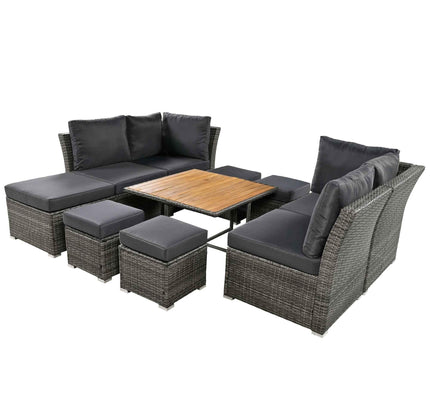 10-Piece Outdoor Rattan Conversation Set with Acacia Coffee Table, Seats 8-9