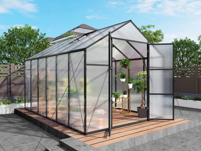 8x12FT All-Season Polycarbonate Walk-In Greenhouse with Raised Base