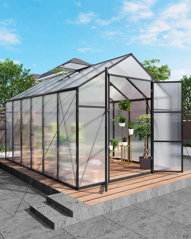 [08X12FT] All-Season Outdoor Backyard Polycarbonate Greenhouse With Raised Base And Aluminum Frame