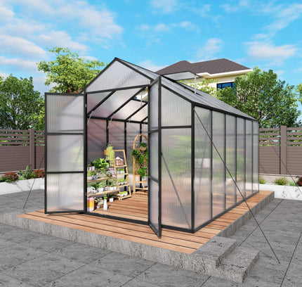 [08X12FT] All-Season Outdoor Backyard Polycarbonate Greenhouse With Raised Base And Aluminum Frame