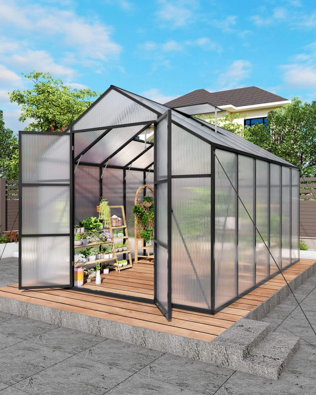[08X12FT] All-Season Outdoor Backyard Polycarbonate Greenhouse With Raised Base And Aluminum Frame