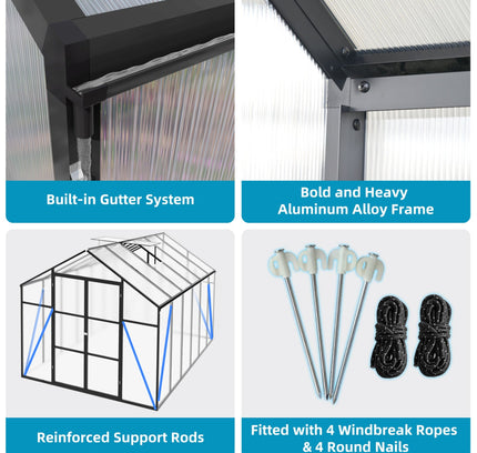 [08X12FT] All-Season Outdoor Backyard Polycarbonate Greenhouse With Raised Base And Aluminum Frame