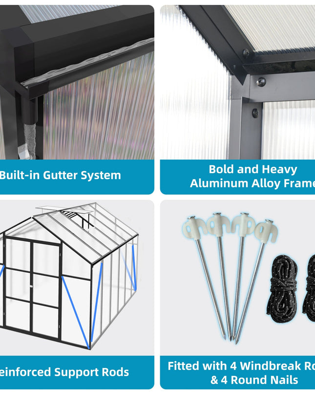[08X12FT] All-Season Outdoor Backyard Polycarbonate Greenhouse With Raised Base And Aluminum Frame