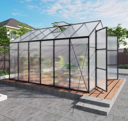 [08X12FT] All-Season Outdoor Backyard Polycarbonate Greenhouse With Raised Base And Aluminum Frame