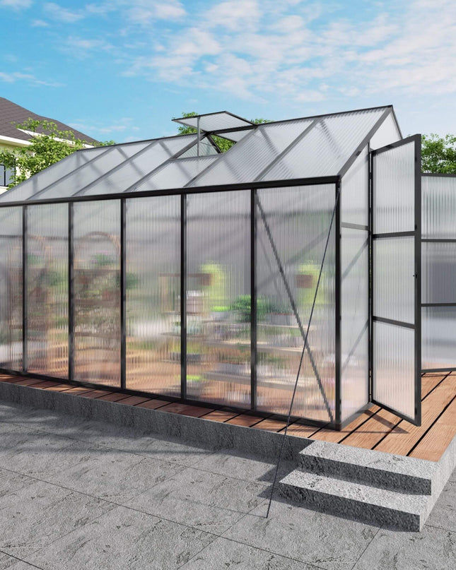 [08X12FT] All-Season Outdoor Backyard Polycarbonate Greenhouse With Raised Base And Aluminum Frame