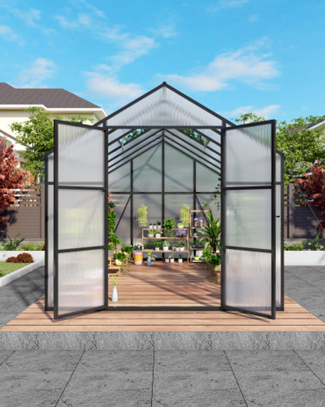 [08X12FT] All-Season Outdoor Backyard Polycarbonate Greenhouse With Raised Base And Aluminum Frame