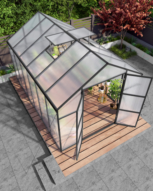 [08X12FT] All-Season Outdoor Backyard Polycarbonate Greenhouse With Raised Base And Aluminum Frame