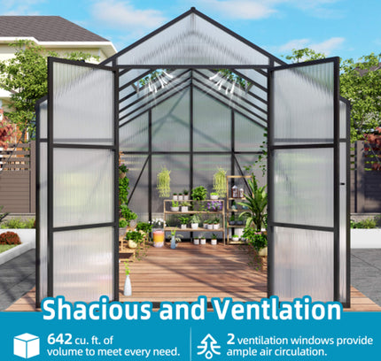 [08X12FT] All-Season Outdoor Backyard Polycarbonate Greenhouse With Raised Base And Aluminum Frame