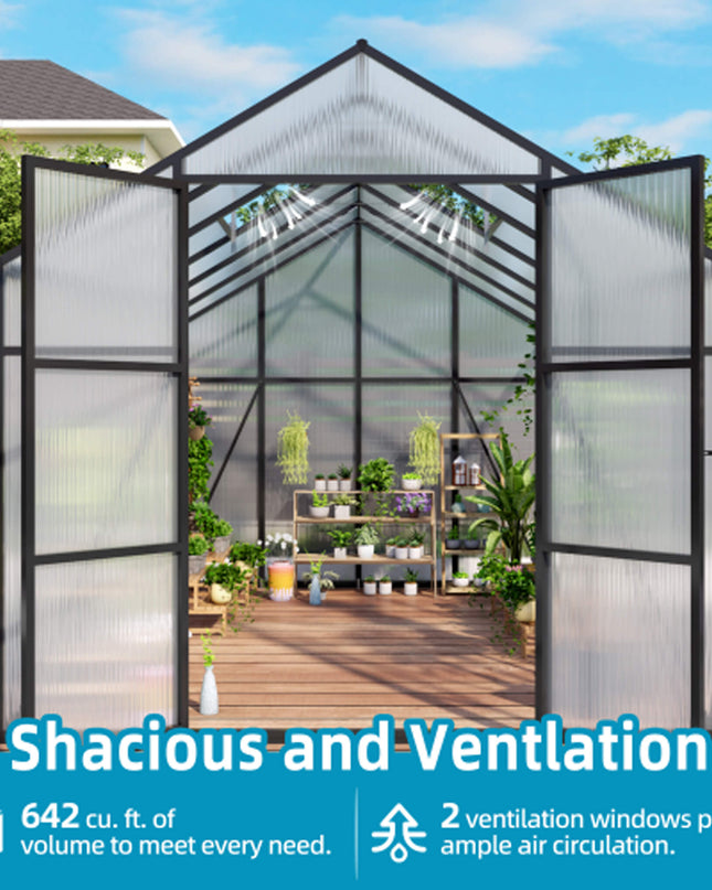 [08X12FT] All-Season Outdoor Backyard Polycarbonate Greenhouse With Raised Base And Aluminum Frame