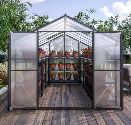 8x12FT Heavy-Duty Polycarbonate Walk-In Greenhouse, Double Swing Doors