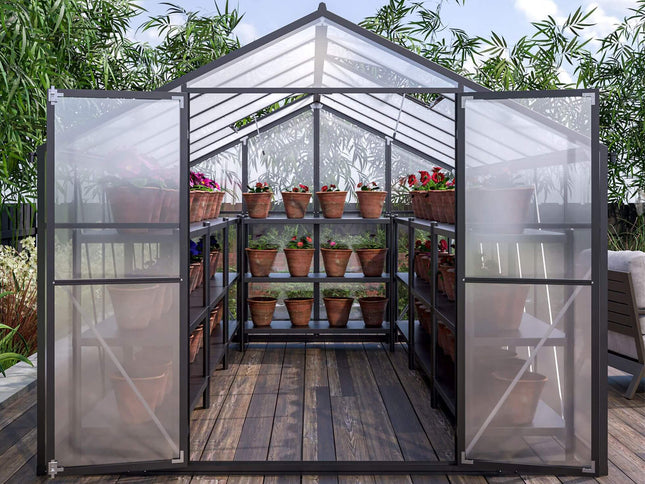 8x12FT Heavy-Duty Polycarbonate Walk-In Greenhouse, Double Swing Doors