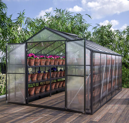 8x12FT Heavy-Duty Polycarbonate Walk-In Greenhouse, Double Swing Doors