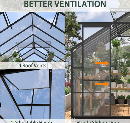 8X14FT  Greenhouse With Roof Vents & Sliding Doors, 4MM (SAK19426)