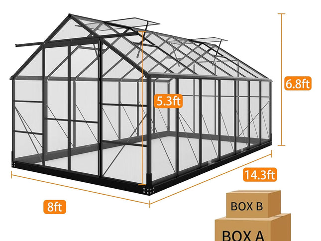 8X14FT  Greenhouse With Roof Vents & Sliding Doors, 4MM (SAK19426)
