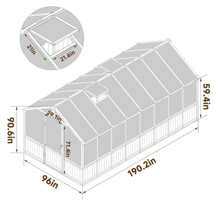 [08X16FT] Large Heavy-Duty Outdoor Wooden Greenhouse With 6MM Polycarbonate Panels And Vent Roof