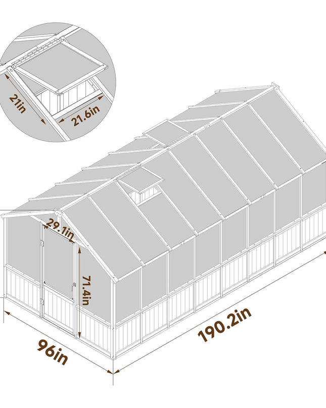 [08X16FT] Large Heavy-Duty Outdoor Wooden Greenhouse With 6MM Polycarbonate Panels And Vent Roof