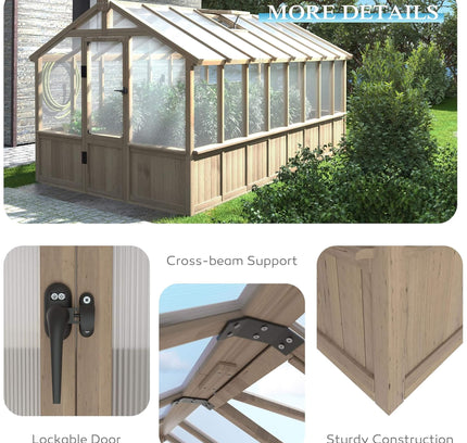 [08X16FT] Large Heavy-Duty Outdoor Wooden Greenhouse With 6MM Polycarbonate Panels And Vent Roof