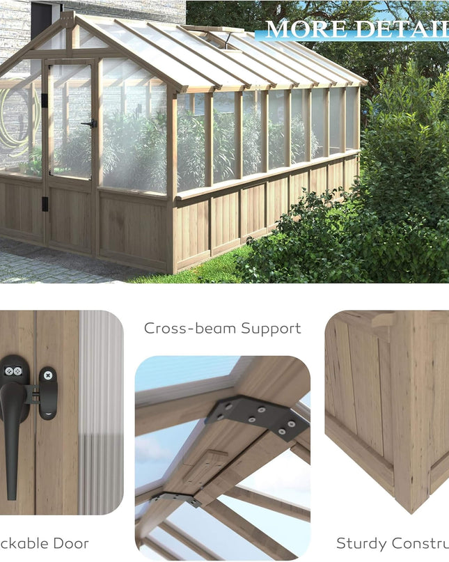 [08X16FT] Large Heavy-Duty Outdoor Wooden Greenhouse With 6MM Polycarbonate Panels And Vent Roof