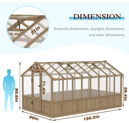 [08X16FT] Large Heavy-Duty Outdoor Wooden Greenhouse With 6MM Polycarbonate Panels And Vent Roof