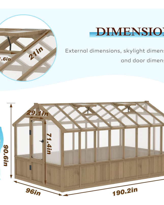 [08X16FT] Large Heavy-Duty Outdoor Wooden Greenhouse With 6MM Polycarbonate Panels And Vent Roof