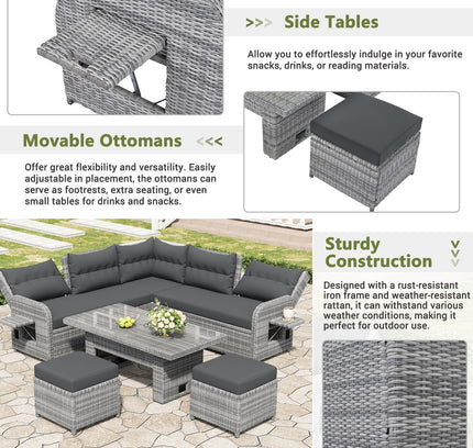 Outdoor Rattan Patio Furniture Set with Adjustable Recliners, Ottomans & Tables