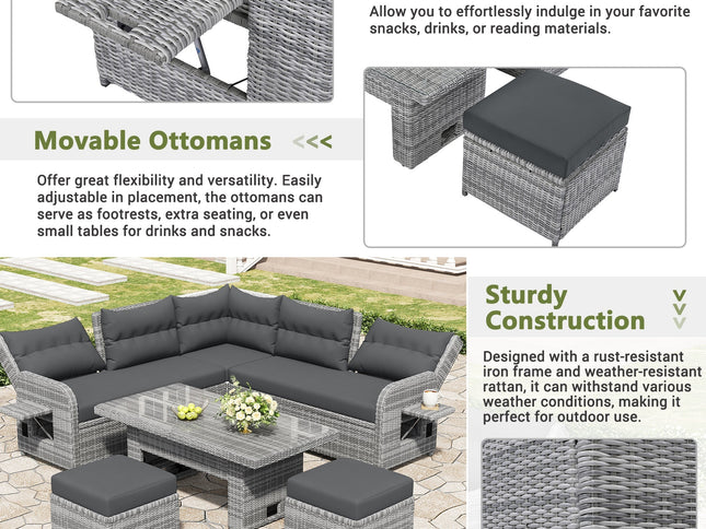 Outdoor Rattan Patio Furniture Set with Adjustable Recliners, Ottomans & Tables