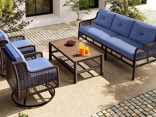 GO 4-Piece Outdoor PE Rattan Patio Set with 360° Swivel Chairs & Wood Coffee Table