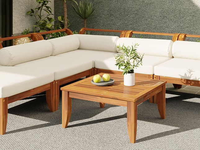 6-Piece Acacia Wood Outdoor Modular Sectional with Daybed Configuration & Tea Table