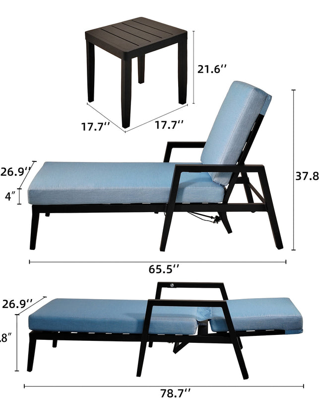 3PC Outdoor Aluminum Patio Furniture Chaise Lounge Set 2 Chaise & 1 End Table
