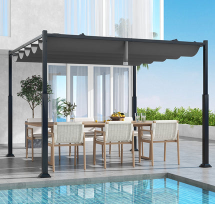 10x10 Feet Outdoor Pergola with Retractable Canopy and Metal Columns-Gray