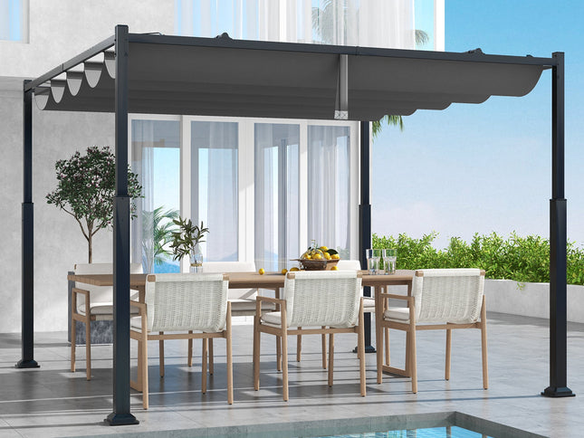 10x10 Feet Outdoor Pergola with Retractable Canopy and Metal Columns-Gray