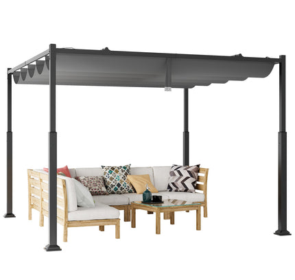 10x10 Feet Outdoor Pergola with Retractable Canopy and Metal Columns-Gray