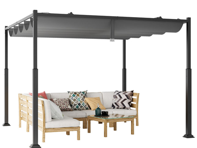 10x10 Feet Outdoor Pergola with Retractable Canopy and Metal Columns-Gray