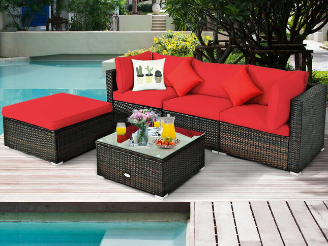 5-Piece Outdoor Rattan Sectional Sofa Set with Ottoman & Coffee Table — Red