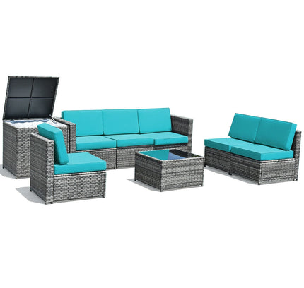 8-Piece Outdoor Wicker Rattan Sofa Set with Storage Box & Tempered Glass Table — Turquoise