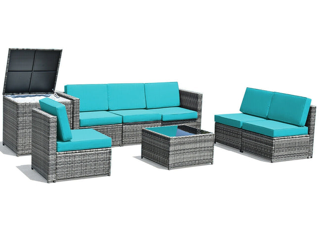 8-Piece Outdoor Wicker Rattan Sofa Set with Storage Box & Tempered Glass Table — Turquoise