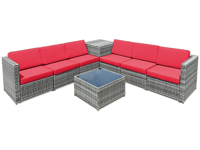 8-Piece Outdoor Wicker Rattan Sofa Set with Storage Box & Tempered Glass Table — Red