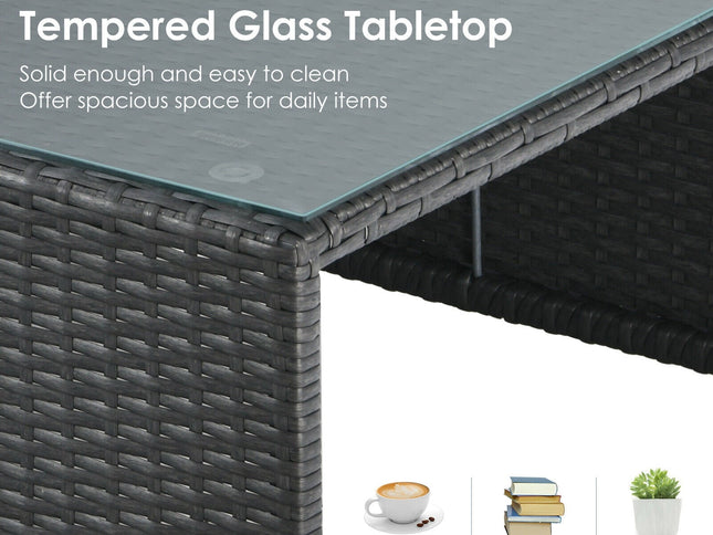 6-Piece Outdoor Rattan Patio Set with Glass Coffee Table & 2 Ottomans — Gray