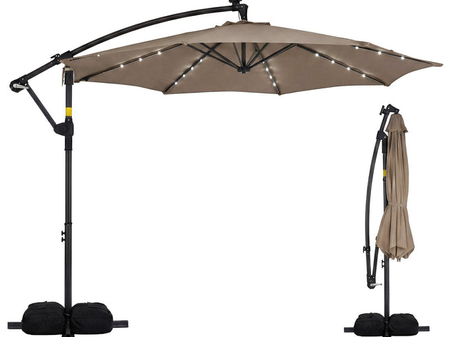 10 Ft Solar LED Offset Cantilever Patio Umbrella Hanging Market Umbrella