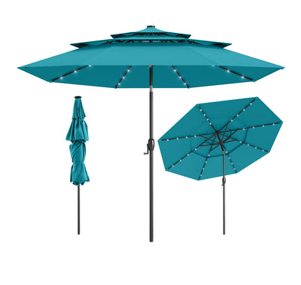 10 Feet Solar Patio Umbrella with 32 LED Lights 3-Tier Vented Top